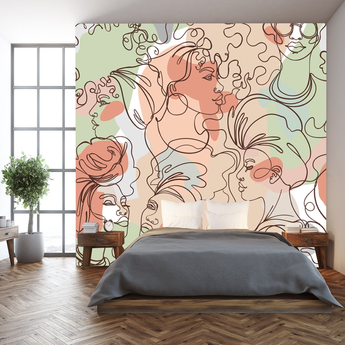 Abstract Seamless Pattern in Modern Simple Style. Female Faces Wallpaper Bedroom Mural