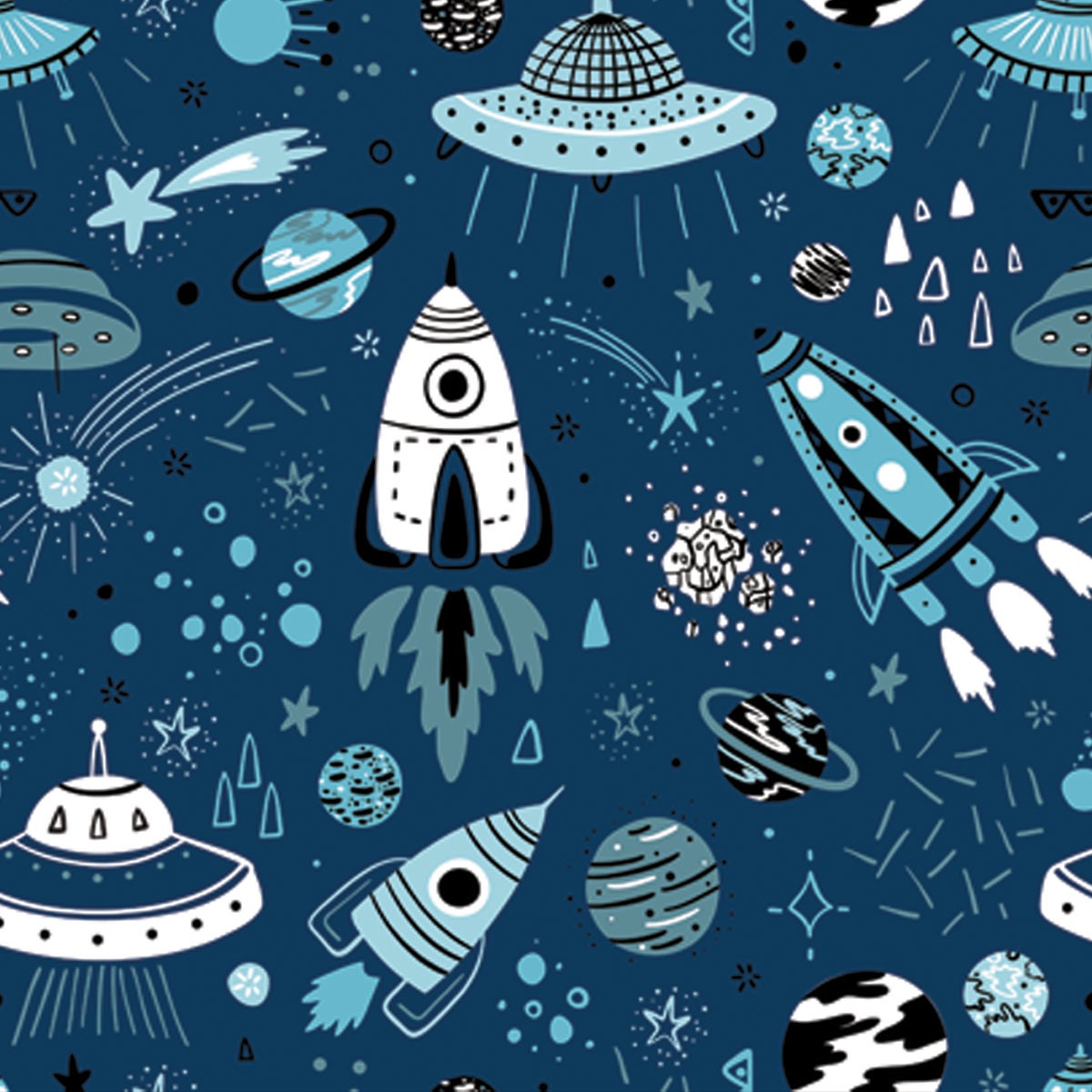 Space Background for Kids. Vector Seamless Pattern with Cartoon Rockets, Planets, Stars, Comets and UFOs Wallpaper Boy Bedroom Mural