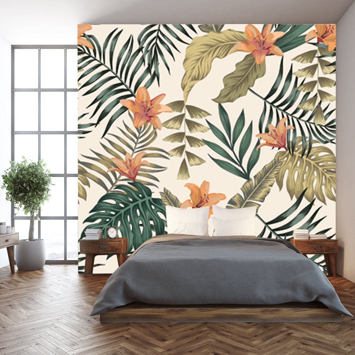 Tropical Green and Gold Palm, Banana Leaves and Orange Lily Flowers Abstract Colors Wallpaper Bedroom Mural
