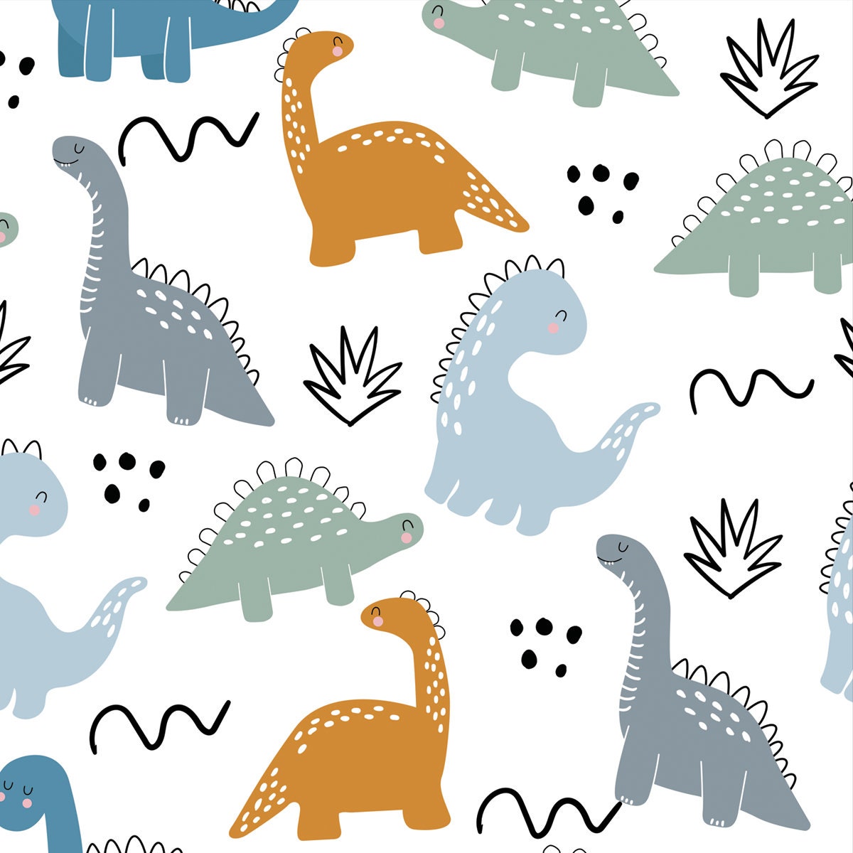 Vector Hand Drawn Seamless Pattern with Dinosaurs. Cute Dinosaurs, Bushes, Dots and Doodles in Doodle Style Wallpaper Nursery Mural
