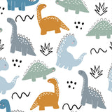 Vector Hand Drawn Seamless Pattern with Dinosaurs. Cute Dinosaurs, Bushes, Dots and Doodles in Doodle Style Wallpaper Nursery Mural