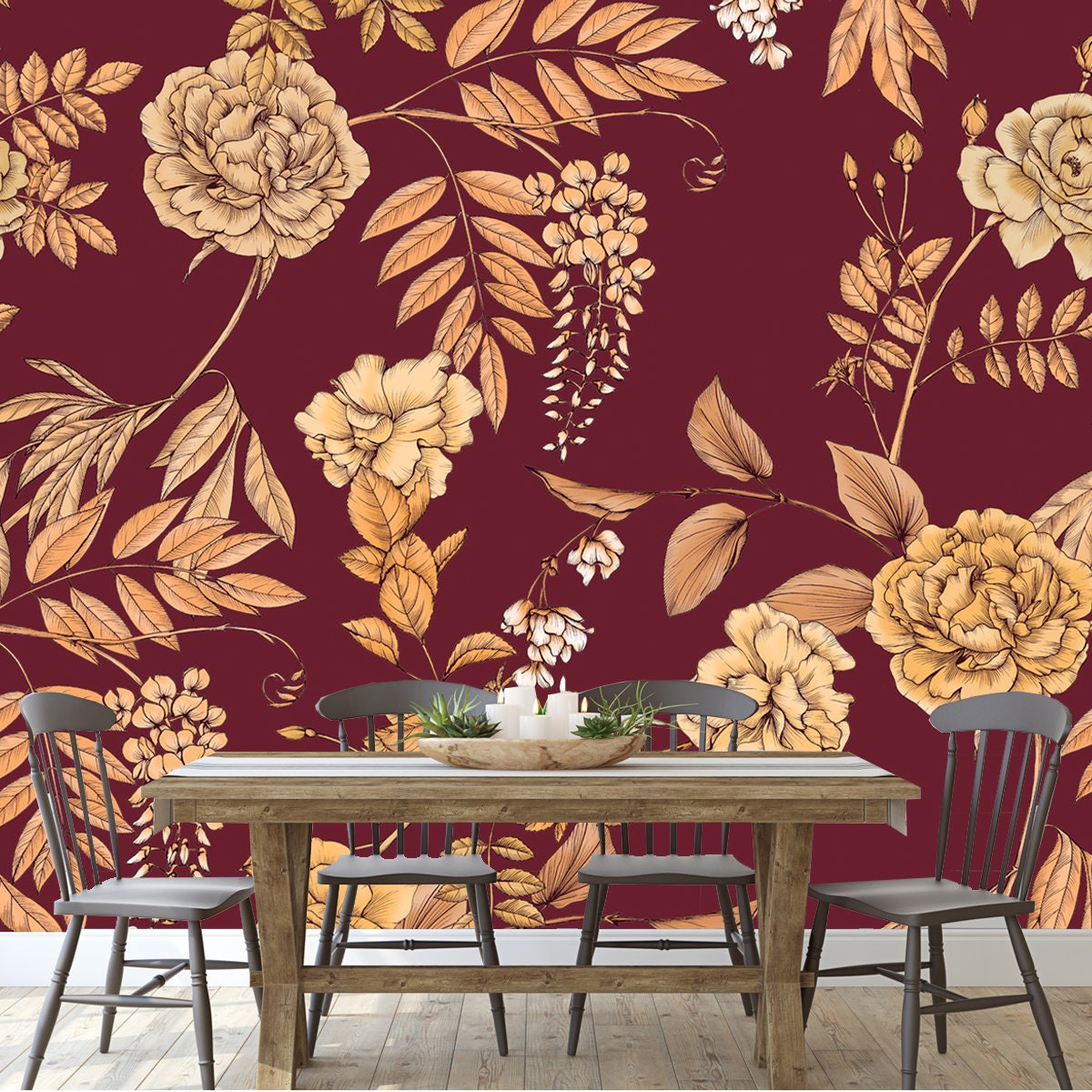 Botanical Flower Pattern. Golden Flowers on a Burgundy Background Wallpaper Dining Room Mural