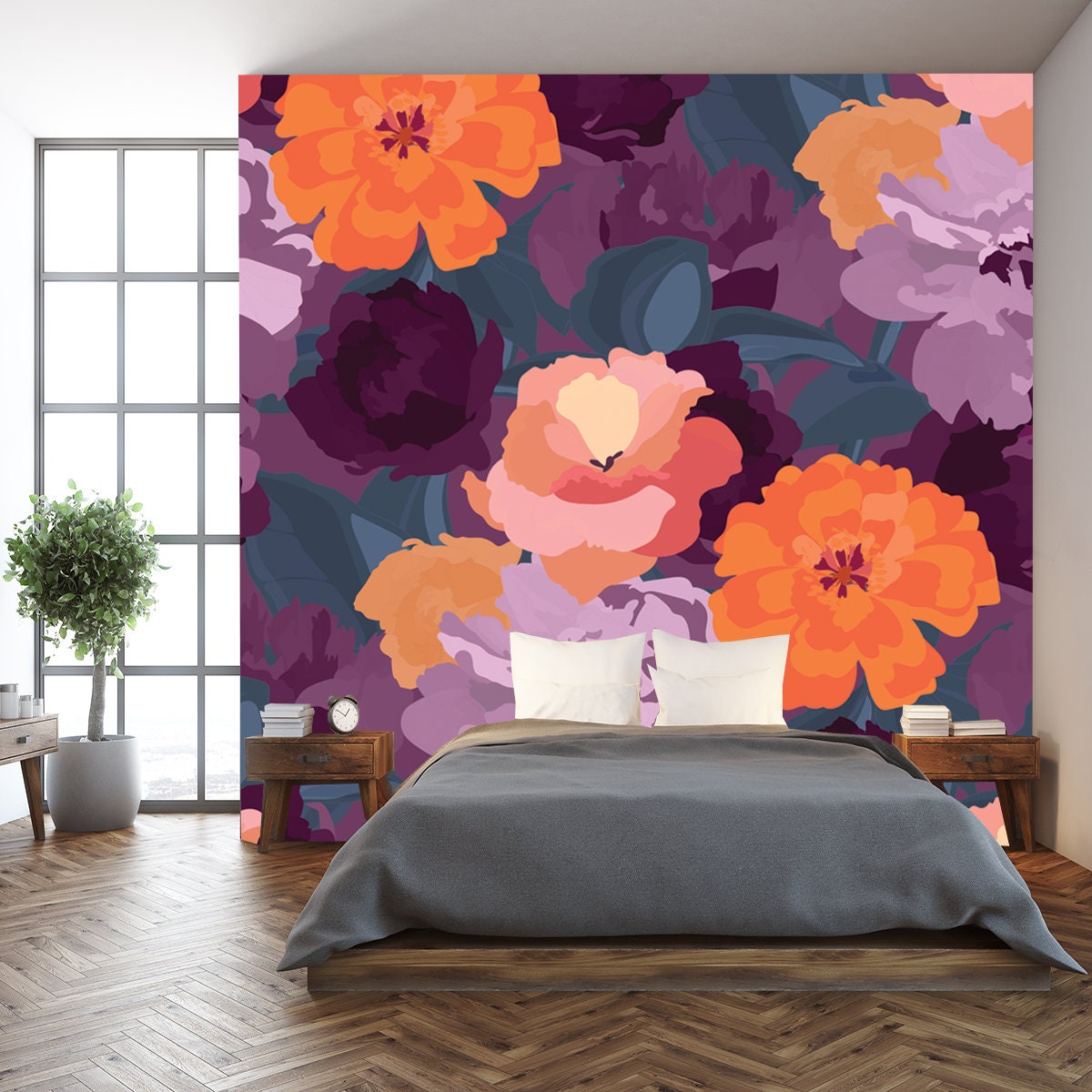 Vector Floral Seamless Pattern. Illustration with Burgundy, Violet, Purple, Orange Color Garden Flowers Wallpaper Bedroom Mural
