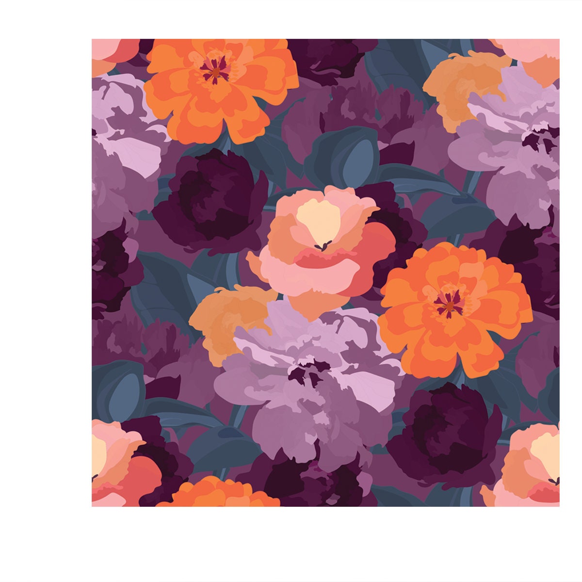 Vector Floral Seamless Pattern. Illustration with Burgundy, Violet, Purple, Orange Color Garden Flowers Wallpaper Bedroom Mural