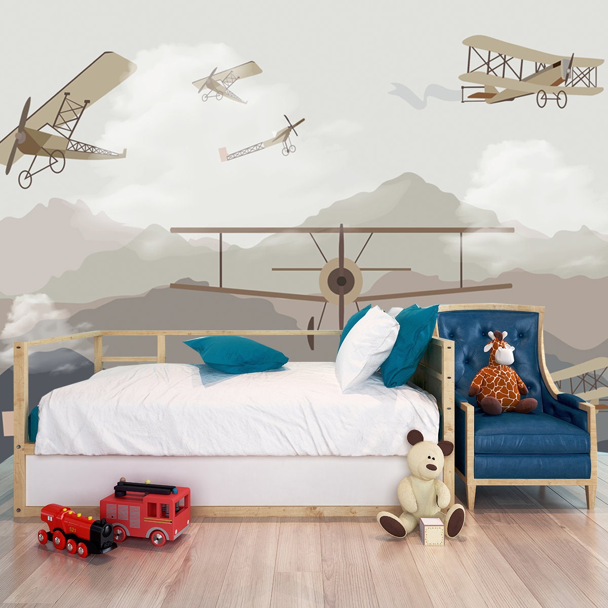 Mountains. Airplane. Air balloon Vector Illustration Wallpaper Little Boys Bedroom Mural
