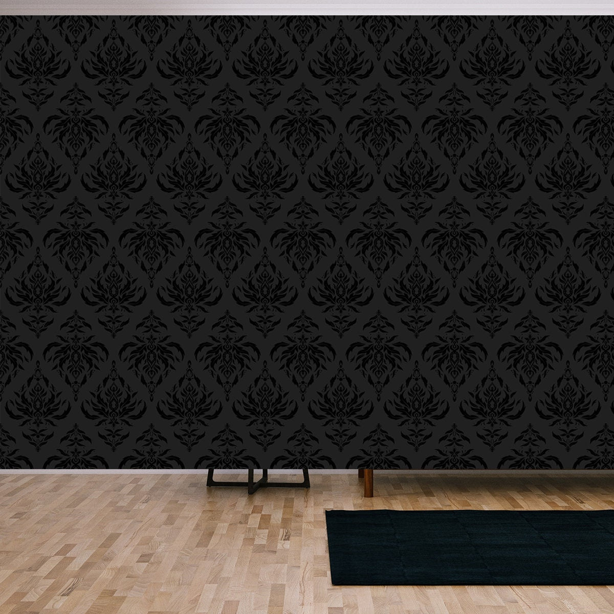 Lace Texture, Raster Tulle Background, Swirly Seamless Pattern in Gray and Black Colors Wallpaper Living Room Mural