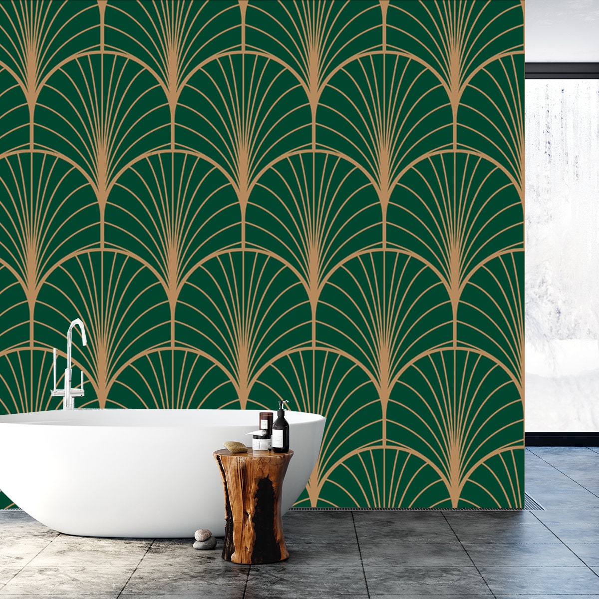 Art Deco Geometric Seamless Vector Pattern. Gold and Green Peacock Abstract Feathers Wallpaper Bathroom Mural