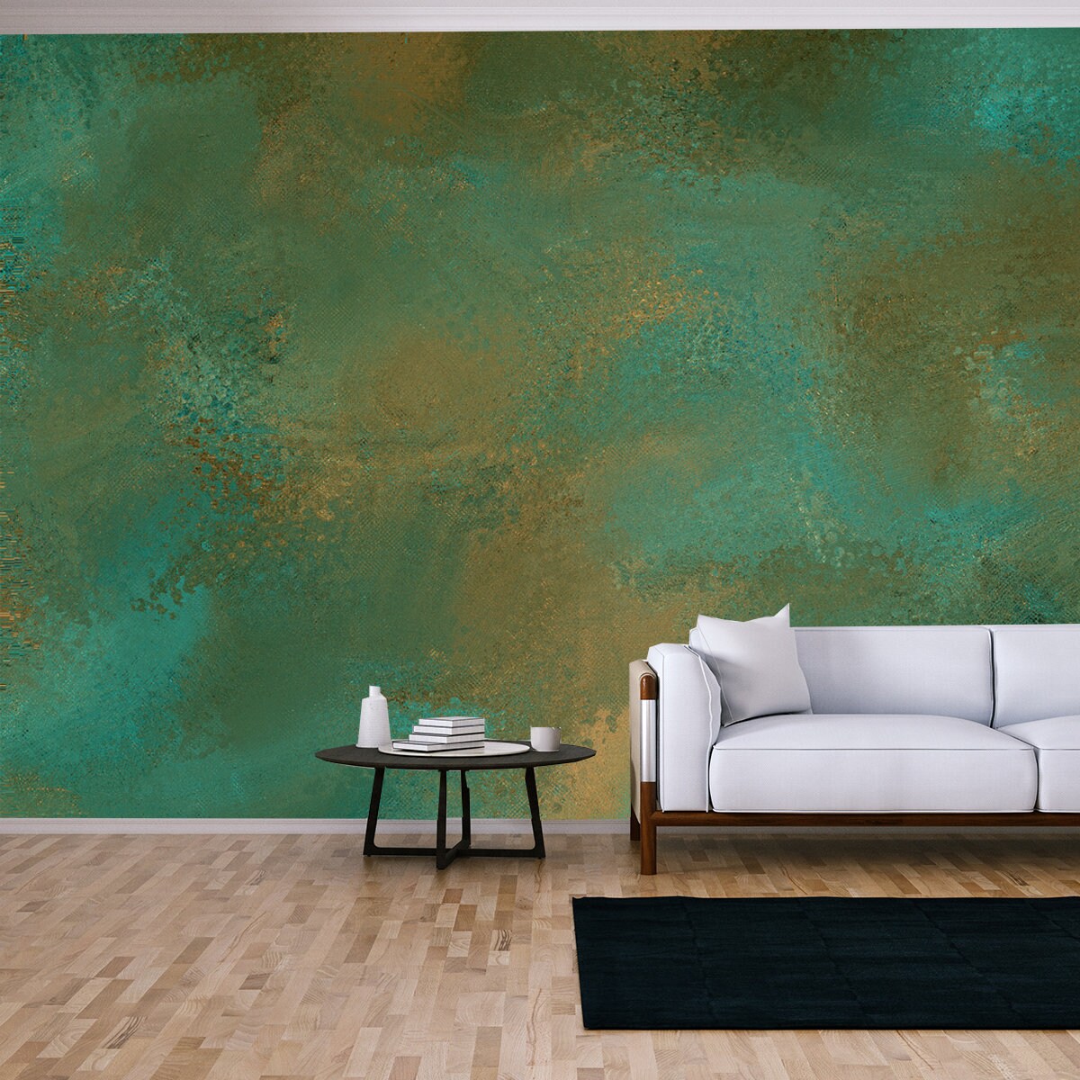 Emerald Green Metallic Rusty Texture Background. Aged Vintage Green Rust Stains Wallpaper Living Room Mural