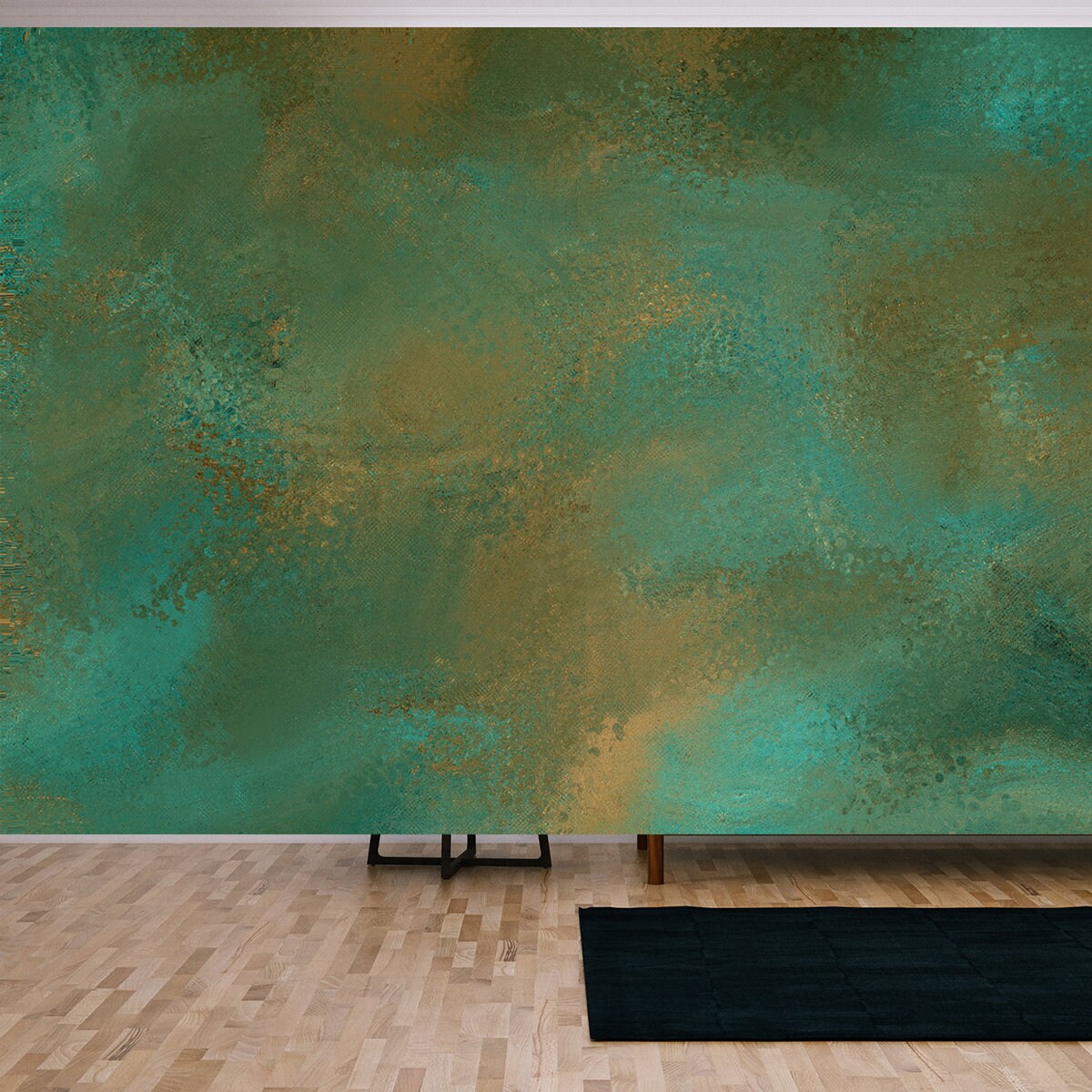 Emerald Green Metallic Rusty Texture Background. Aged Vintage Green Rust Stains Wallpaper Living Room Mural