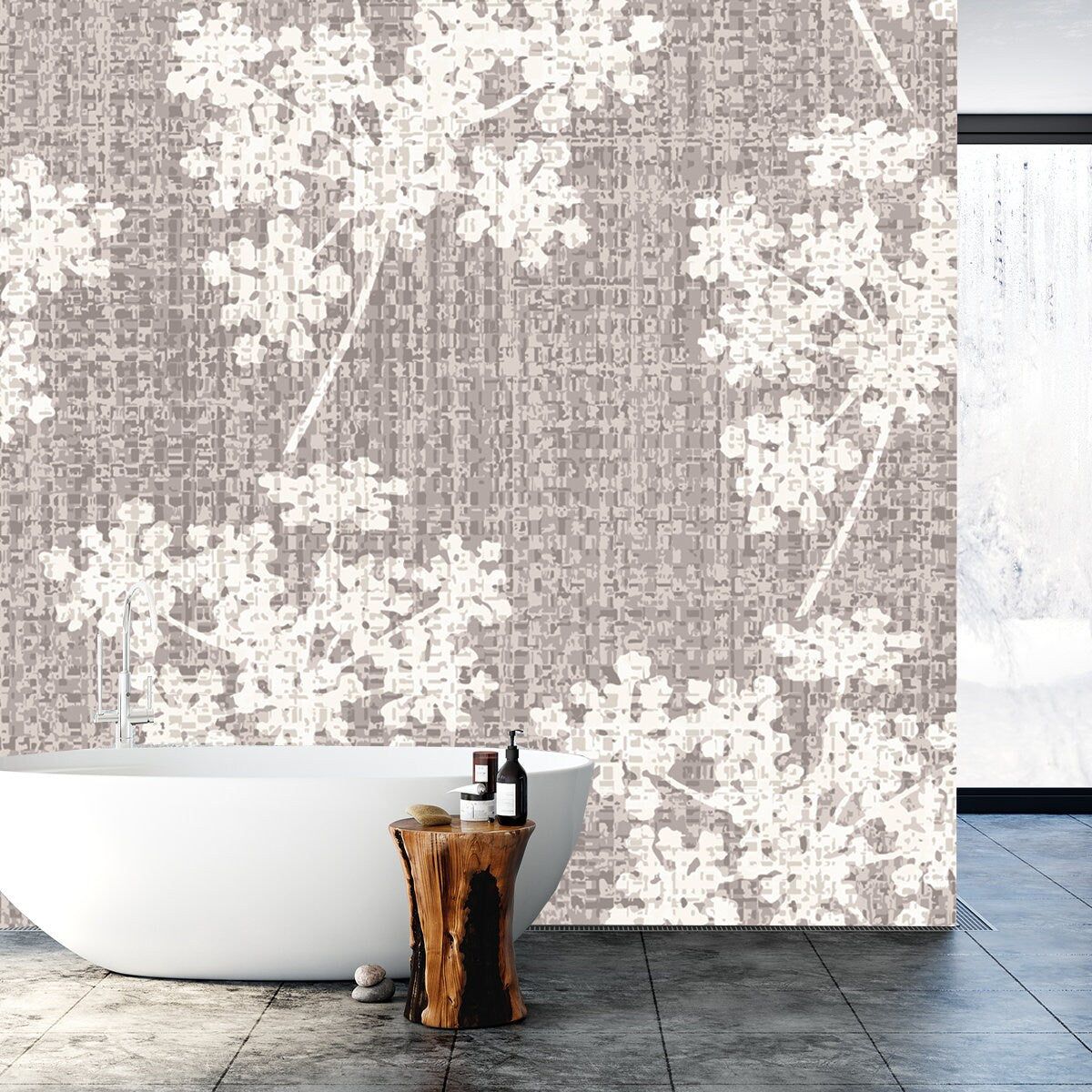 Neutral Floral Seamless Vector Background. Simple Whimsical Romantic 2 Tone Pattern Wallpaper Bathroom Mural