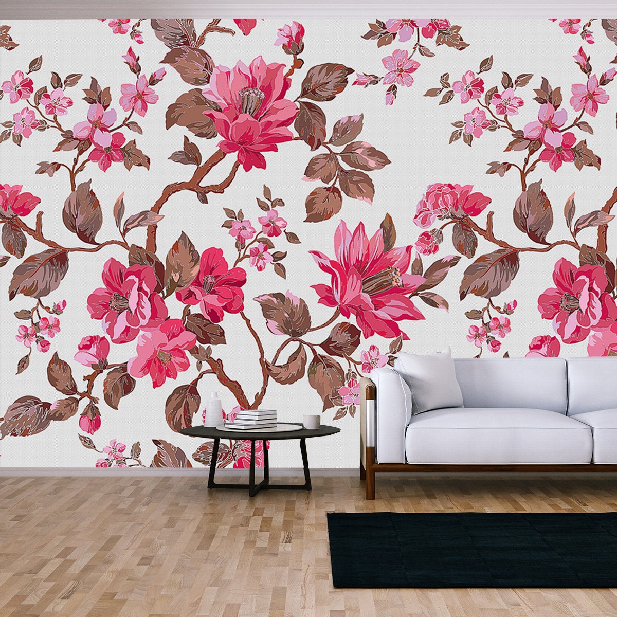Pink Flowers with Branches on White Background Living Room Wallpaper Mural