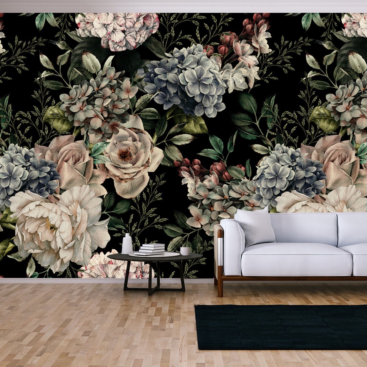 Seamless Floral Pattern with Flowers on Dark Background, Watercolor Wallpaper Living Room Mural