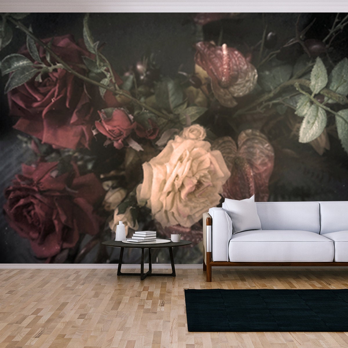 Vintage Bouquet of Roses Background, Flowers Stylized and Filtered to Look Like an Old Painting Wallpaper Living Room Mural