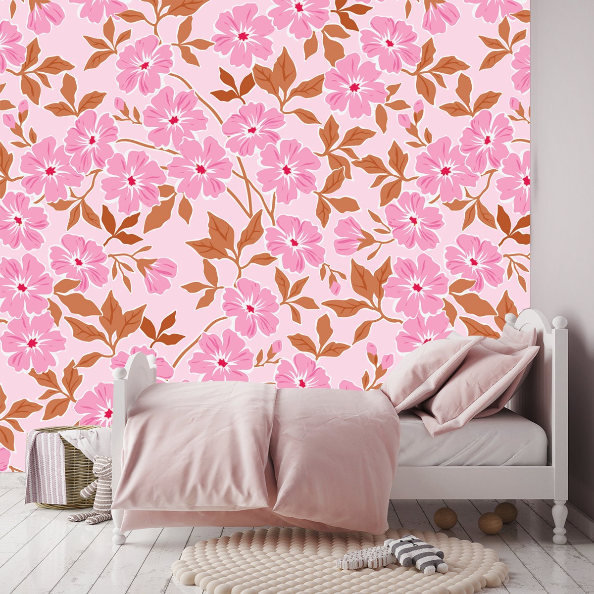 Trendy Seamless Vector Floral Pattern. Endless Print Made of Small Pink Flowers and Leaves Wallpaper Girl Bedroom Mural