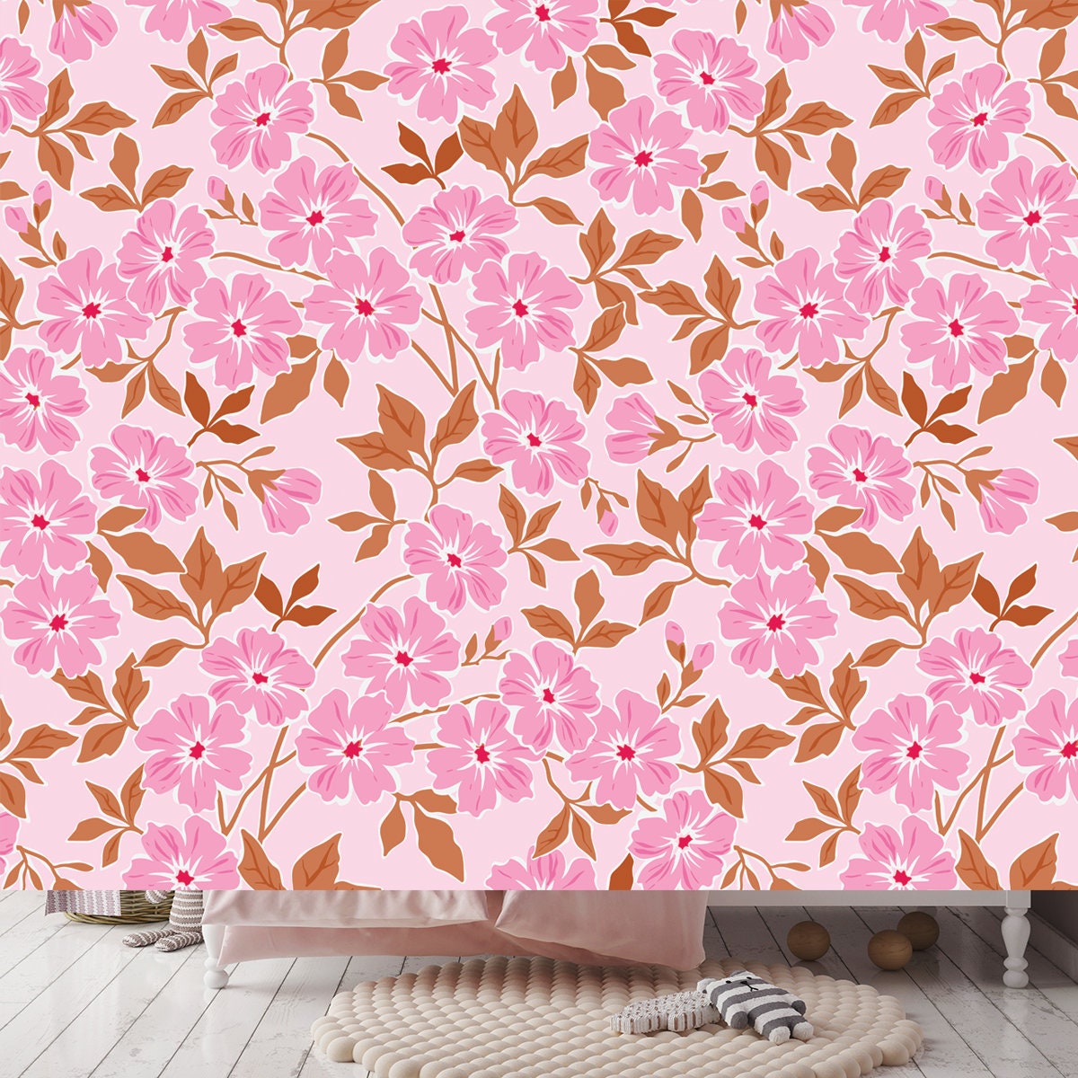 Trendy Seamless Vector Floral Pattern. Endless Print Made of Small Pink Flowers and Leaves Wallpaper Girl Bedroom Mural