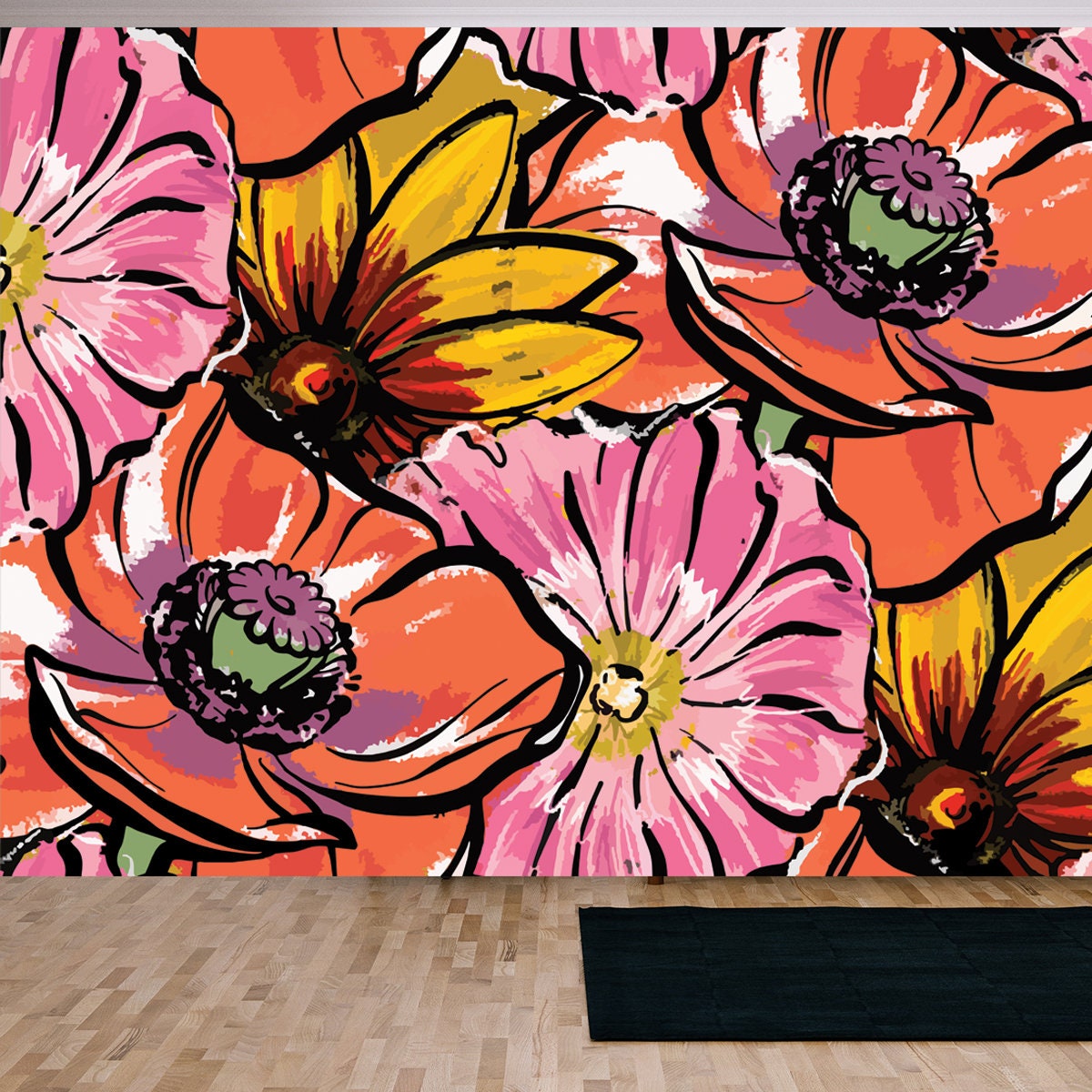 Red Large Flowers. Poppies, Rudbeckia and Mallow Wallpaper Living Room Mural