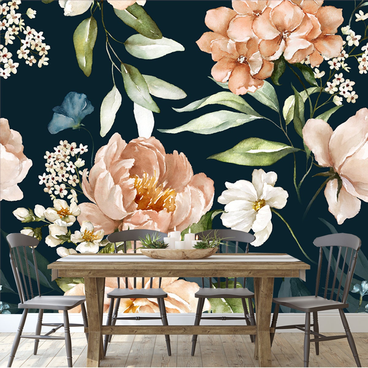 Seamless Watercolor Floral Pattern - Pink Blush Flowers Elements, Green Leaves Branches on Dark Black Background Wallpaper Dining Room Mural