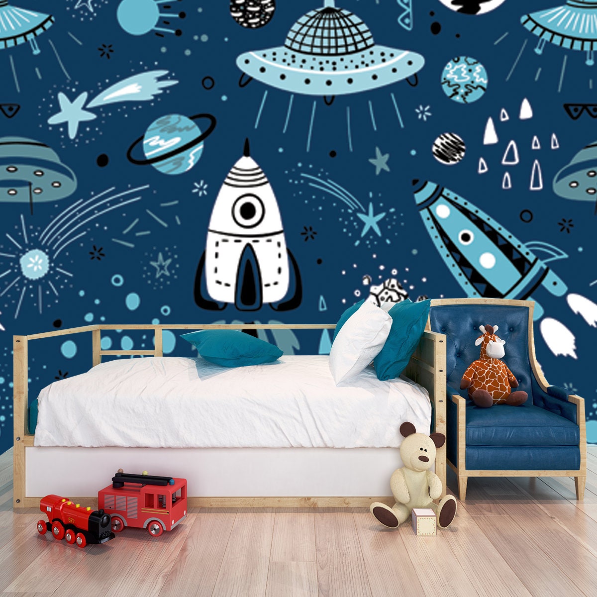 Space Background for Kids. Vector Seamless Pattern with Cartoon Rockets, Planets, Stars, Comets and UFOs Wallpaper Boy Bedroom Mural