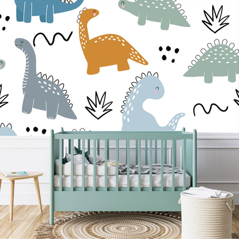 Vector Hand Drawn Seamless Pattern with Dinosaurs. Cute Dinosaurs, Bushes, Dots and Doodles in Doodle Style Wallpaper Nursery Mural