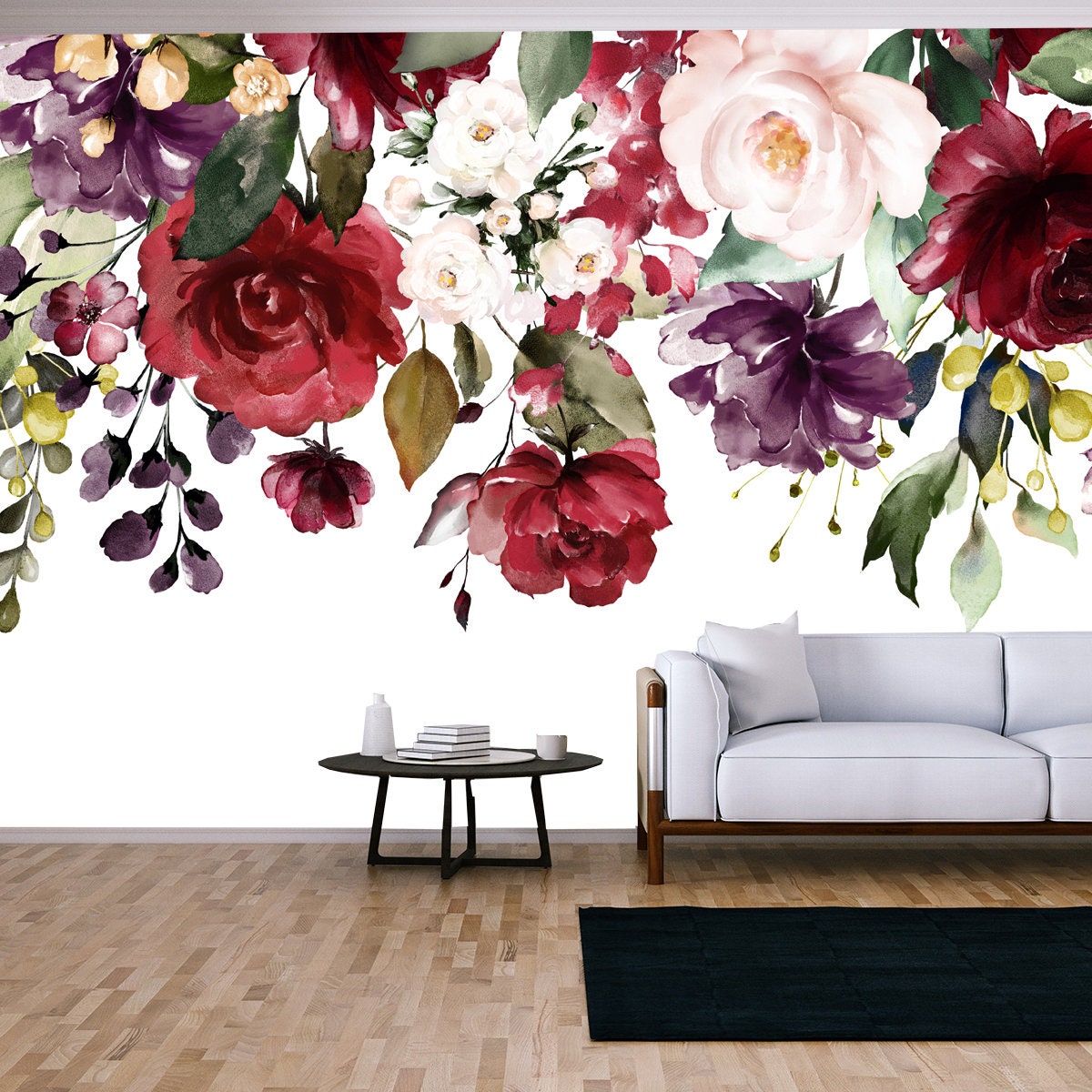 Watercolor Flowers. Floral Illustration, Leaf and Buds Wallpaper Living Room Mural