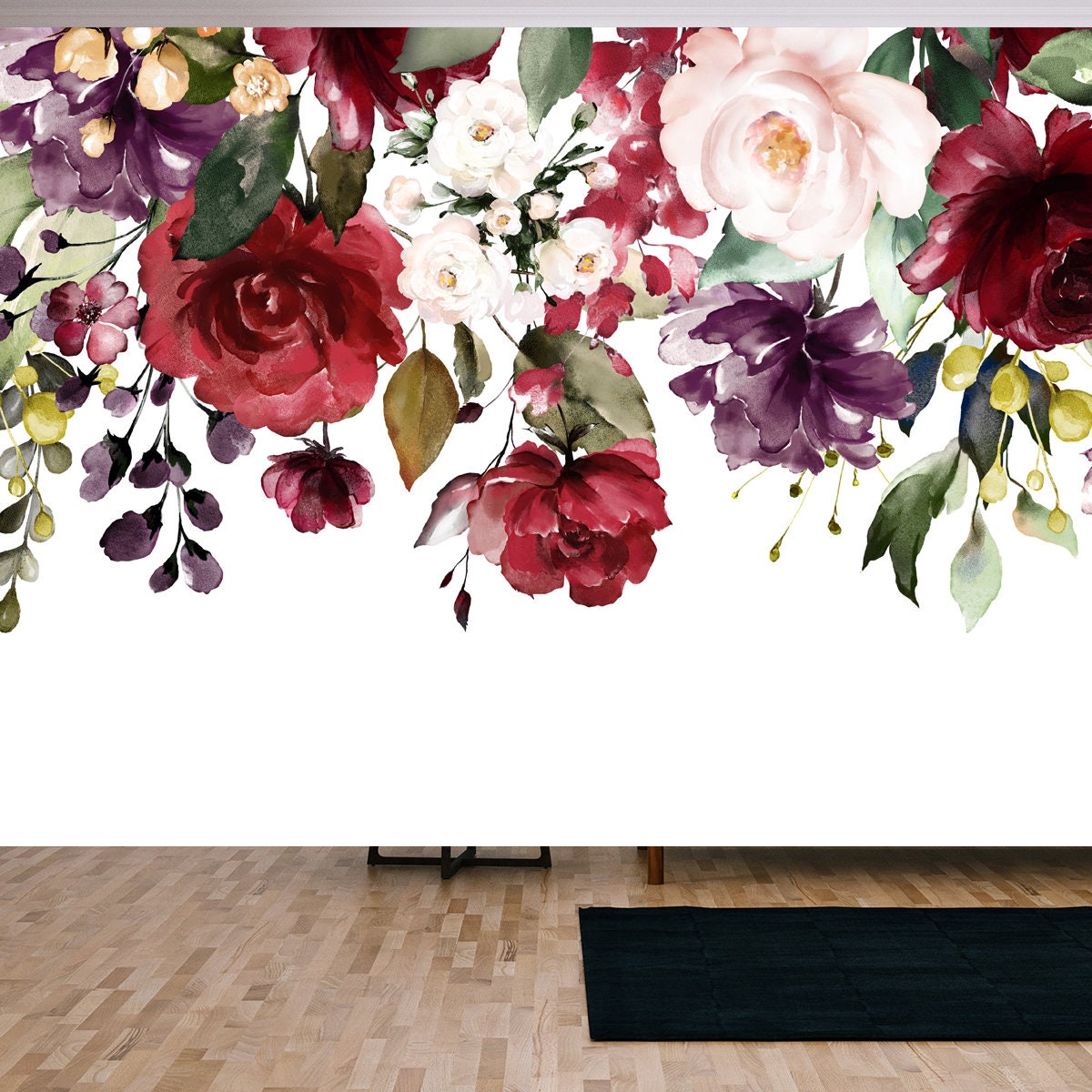 Watercolor Flowers. Floral Illustration, Leaf and Buds Wallpaper Living Room Mural