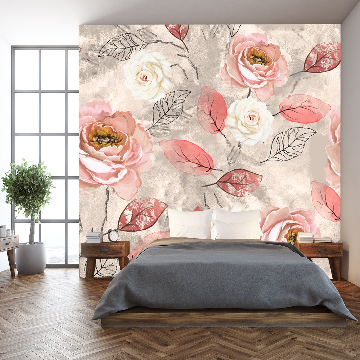 Seamless Pattern with Flowers and Leaves. Vintage Watercolors with Pink Roses on a Gray Background Wallpaper Bedroom Mural