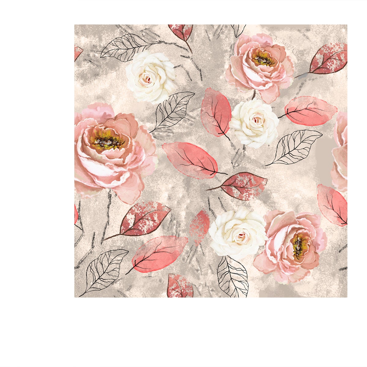 Seamless Pattern with Flowers and Leaves. Vintage Watercolors with Pink Roses on a Gray Background Wallpaper Bedroom Mural