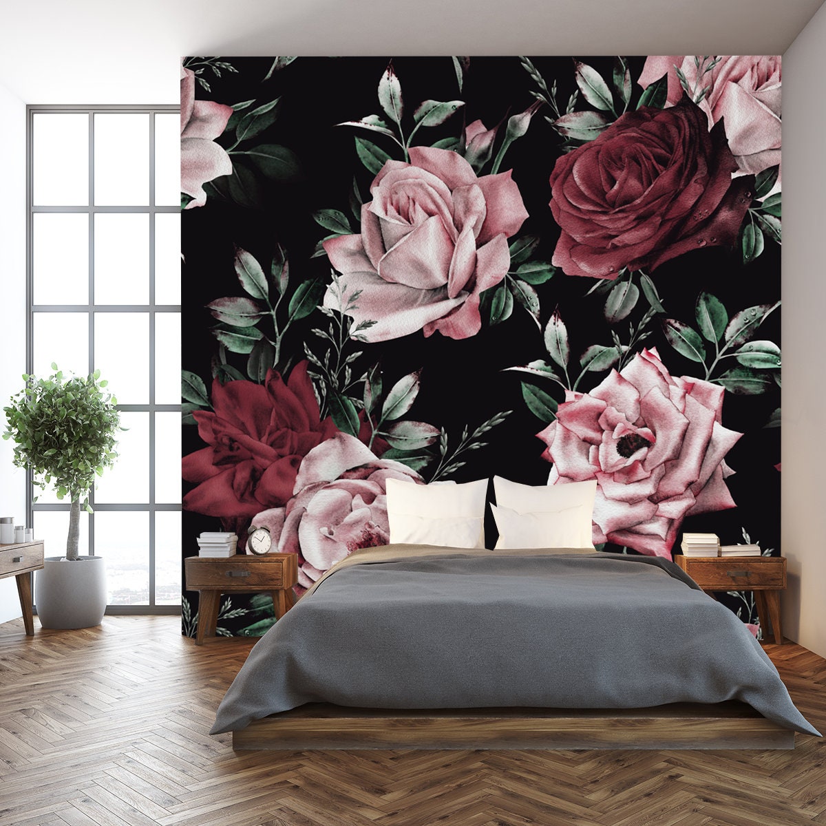 Seamless Rose Pattern with Flowers on Dark Background Wallpaper Bedroom Mural