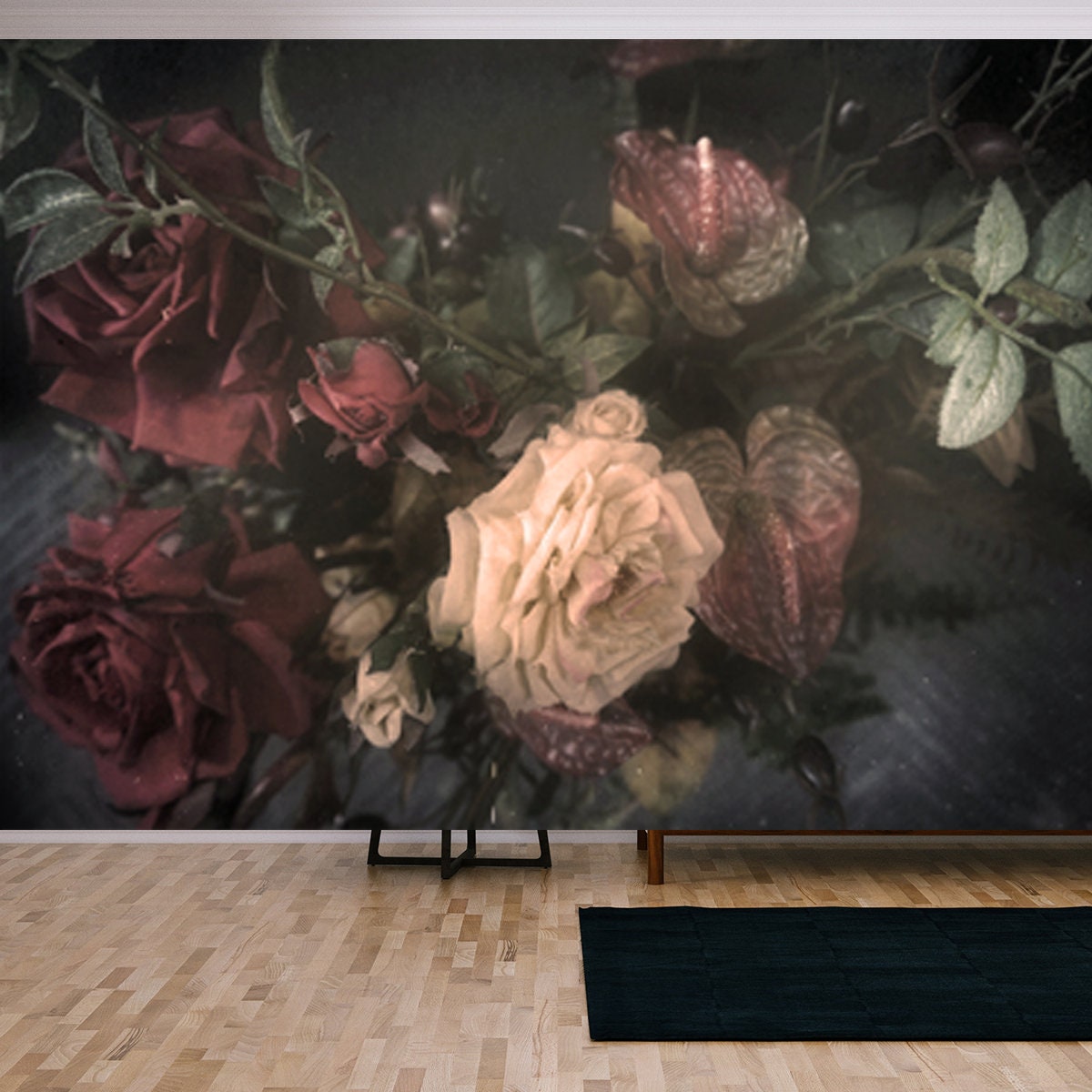 Vintage Bouquet of Roses Background, Flowers Stylized and Filtered to Look Like an Old Painting Wallpaper Living Room Mural