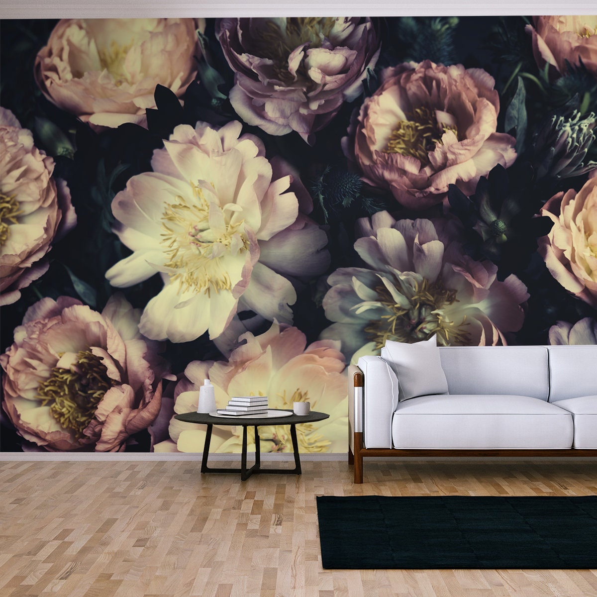 Vintage Bouquet of Beautiful Pale Peonies on Black. Floristic Decoration. Floral Background. Baroque Old Fashion Style Living Room Mural