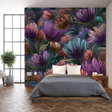 Floral Seamless Pattern with Hand-Painted Flowers of Tulip, Rose, Aster on Dark Violet Color Background Wallpaper Bedroom Mural