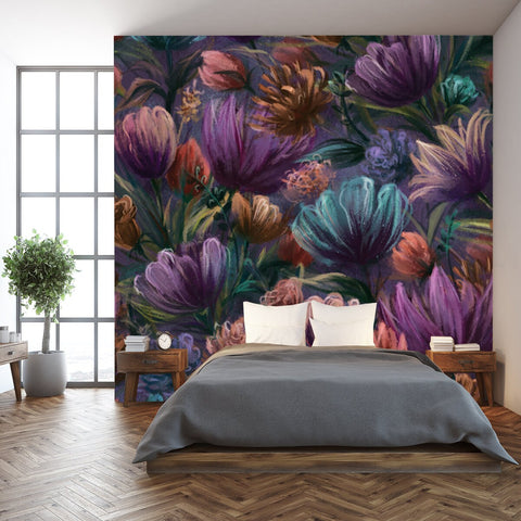 Floral Seamless Pattern with Hand-Painted Flowers of Tulip, Rose, Aster on Dark Violet Color Background Wallpaper Bedroom Mural