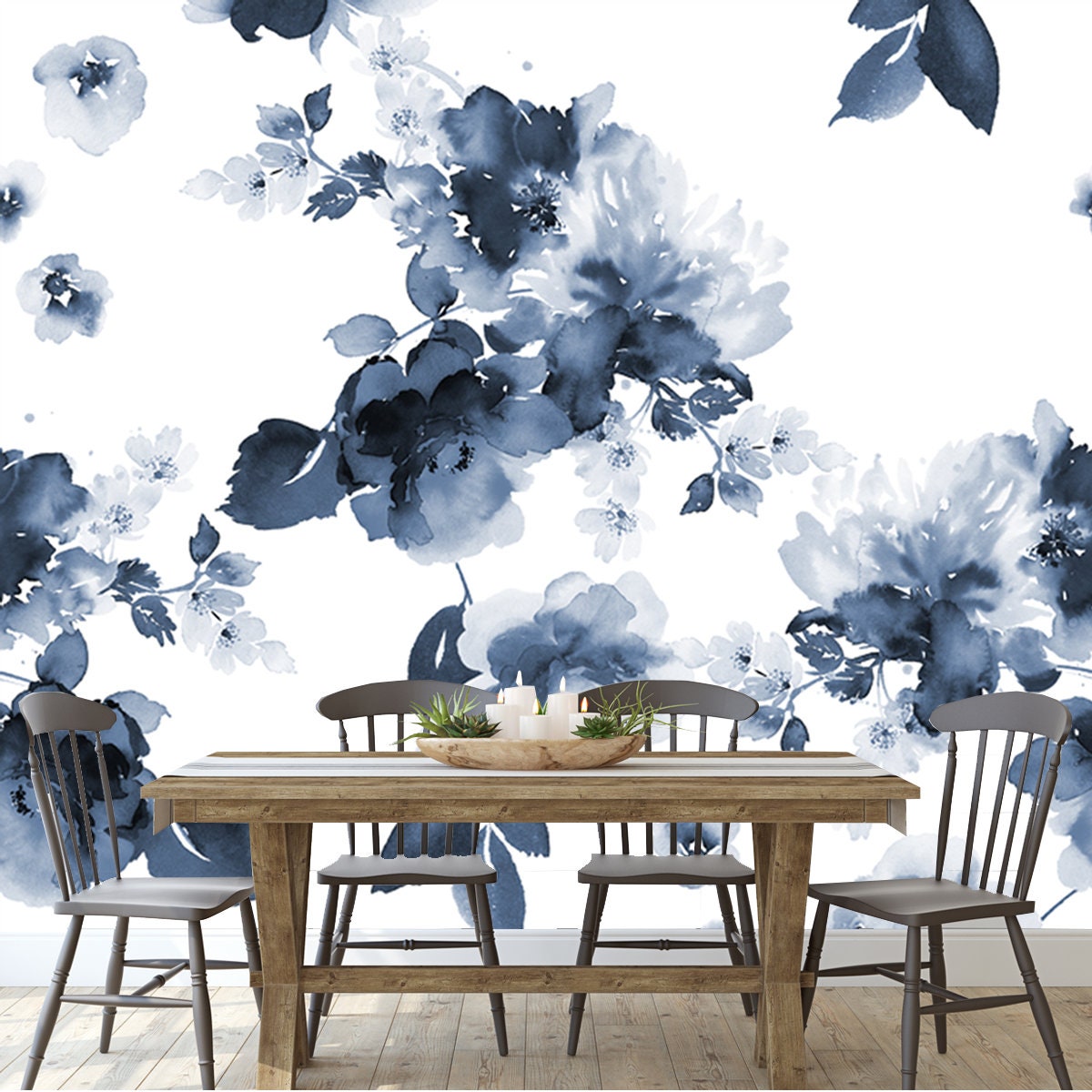 Seamless Summer Pattern with Watercolor Flowers Handmade. Indigo Din Wallpaper Dining Room Mural
