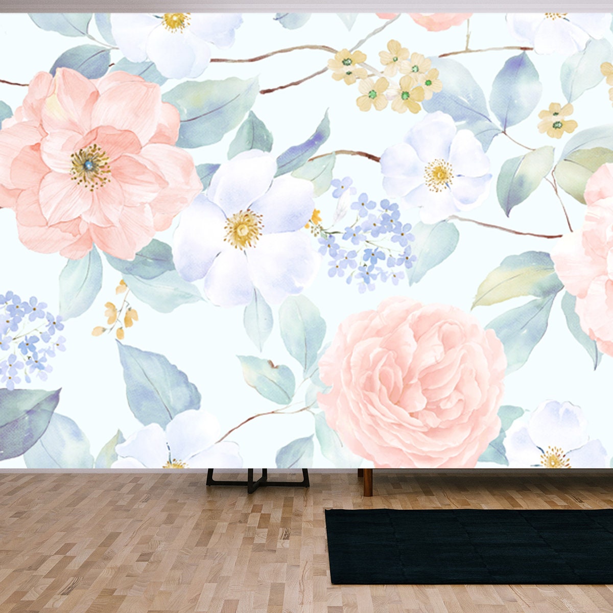 Pink and Blue Flower Illustration. Watercolor Flowers Wallpaper Living Room Mural