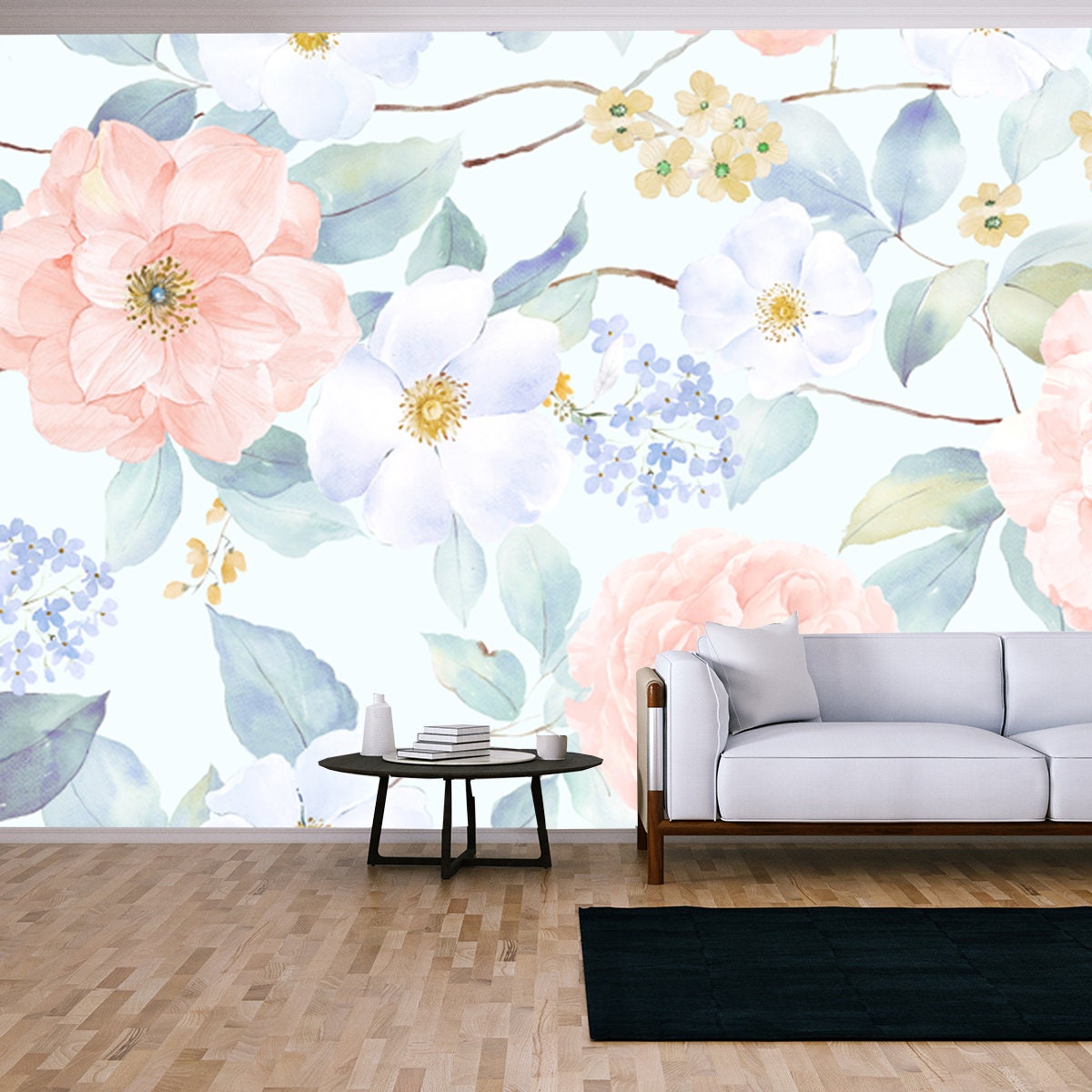 Pink and Blue Flower Illustration. Watercolor Flowers Wallpaper Living Room Mural