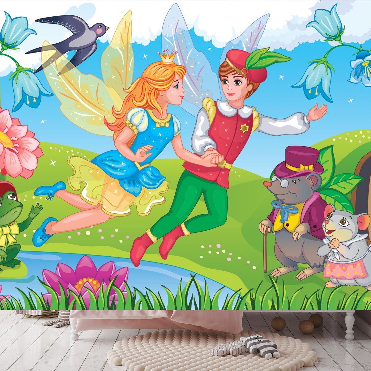 Thumbelina and Little Prince. Elf Princess. Fairy Tale Background. Flower Meadow and Rainbow Wallpaper Girl Bedroom Mural