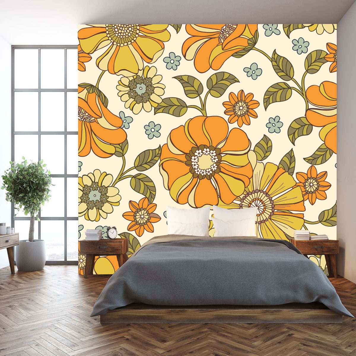 Colorful Large Scale Hand-Drawn Floral Retro 70s Style Nostalgic Wallpaper Bedroom Mural
