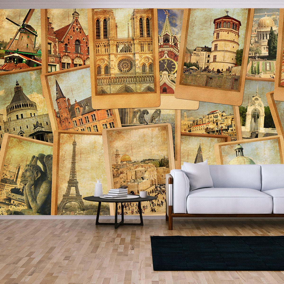 Vintage Photo Cards Collage. European, Middle East, Canada and Russia Travel. World Tourism Concept Wallpaper Living Room Mural