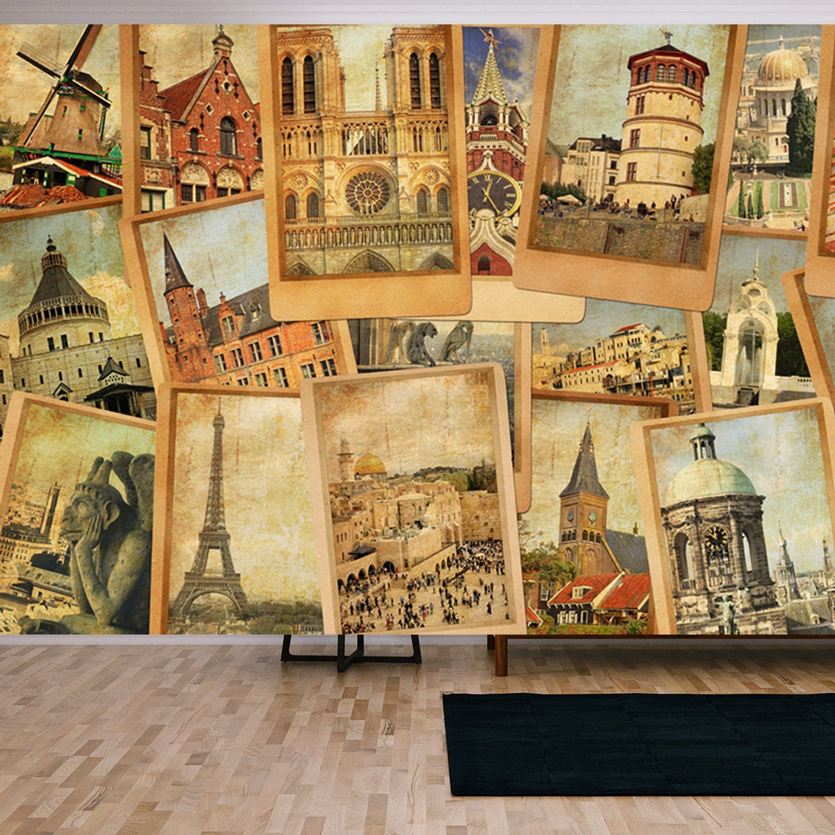 Vintage Photo Cards Collage. European, Middle East, Canada and Russia Travel. World Tourism Concept Wallpaper Living Room Mural