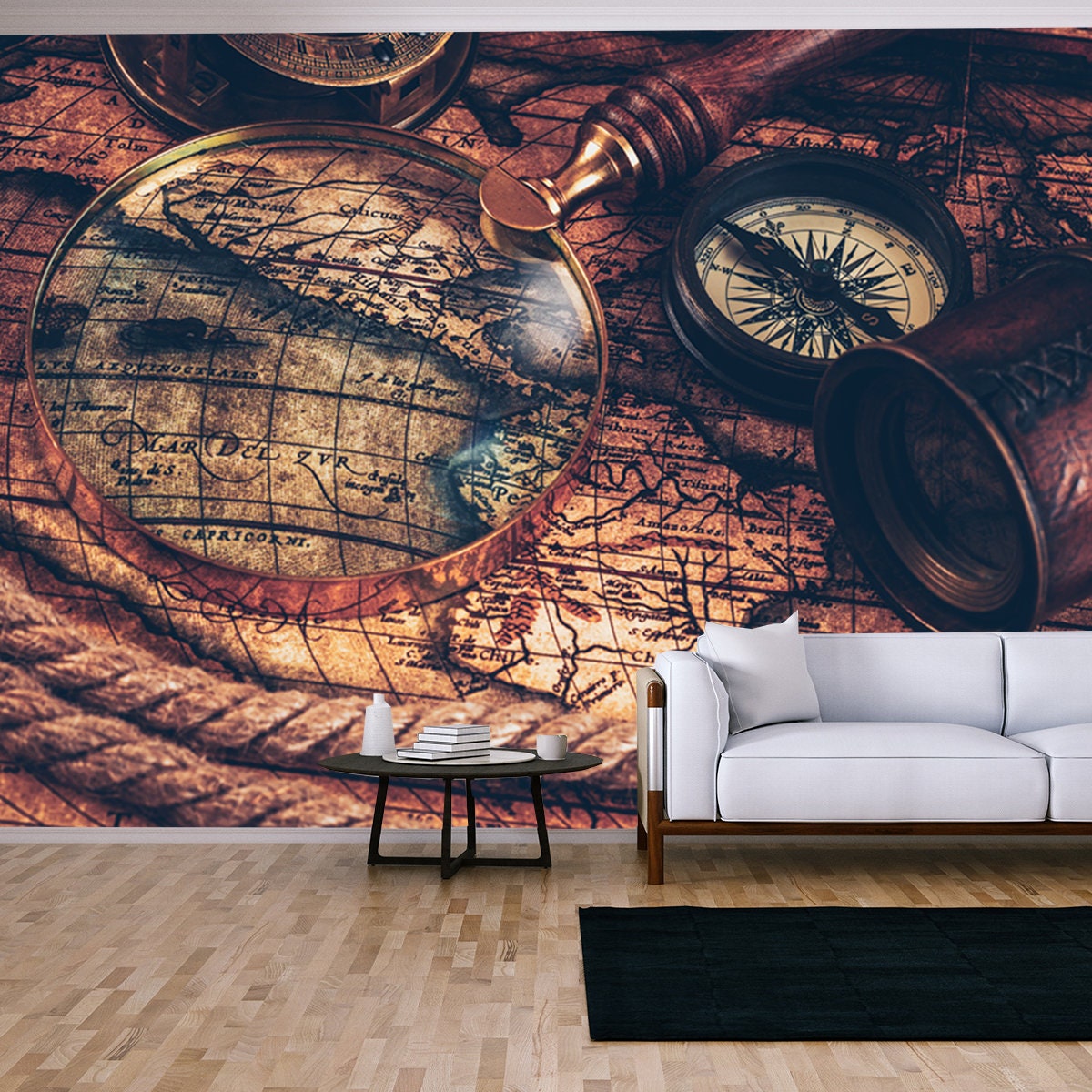 Travel Geography Navigation. Old Vintage Retro Compass with Sundial, Spyglass and Rope on Ancient World Map Wallpaper Living Room Mural