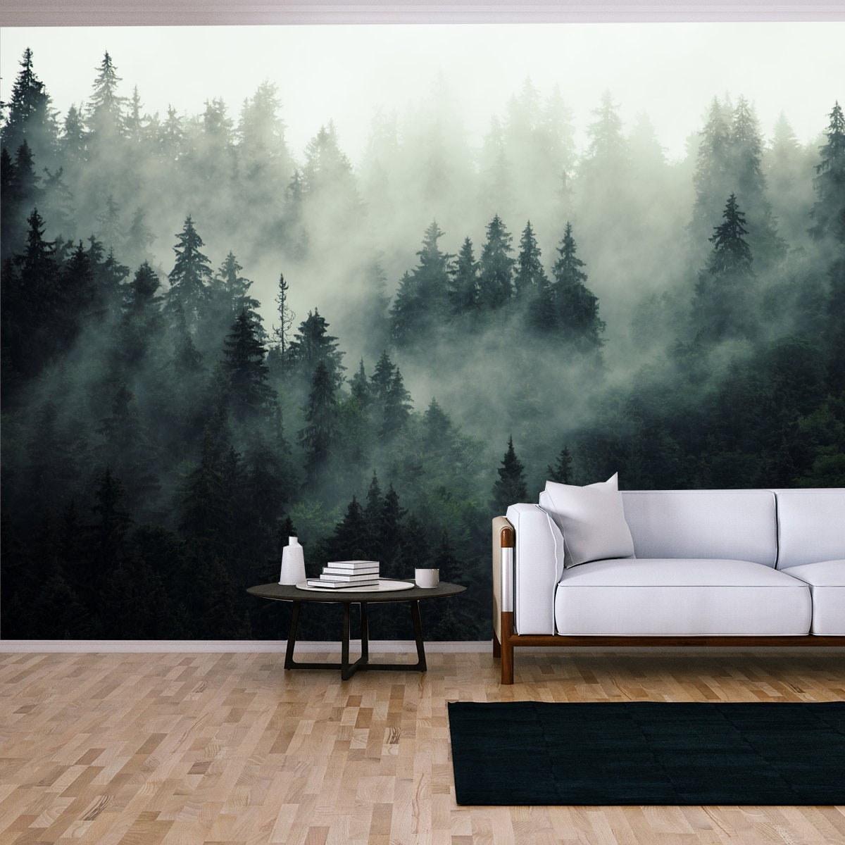 Misty Landscape with Fir Forest in Hipster Vintage Retro Style Wallpaper Living Room Mural