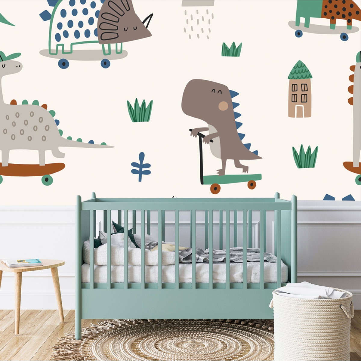 Cute Dinosaurs Riding Scooters and Skating Wallpaper Boy Nursery Mural