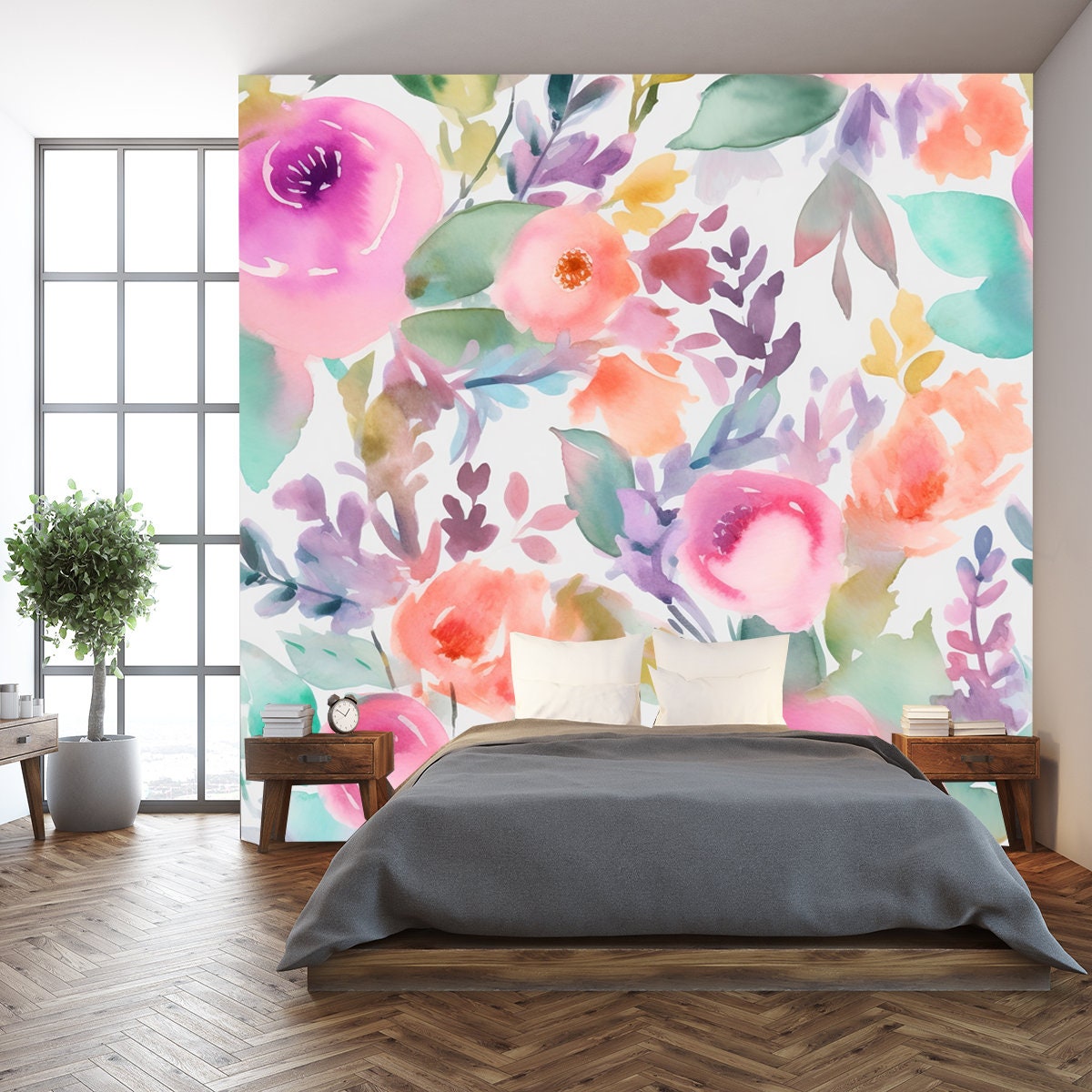 Exquisite Arrangement of Pale Watercolor Flowers, Delicate Forms Rendered in Soft, Dreamy Hues Wallpaper Bedroom Mural