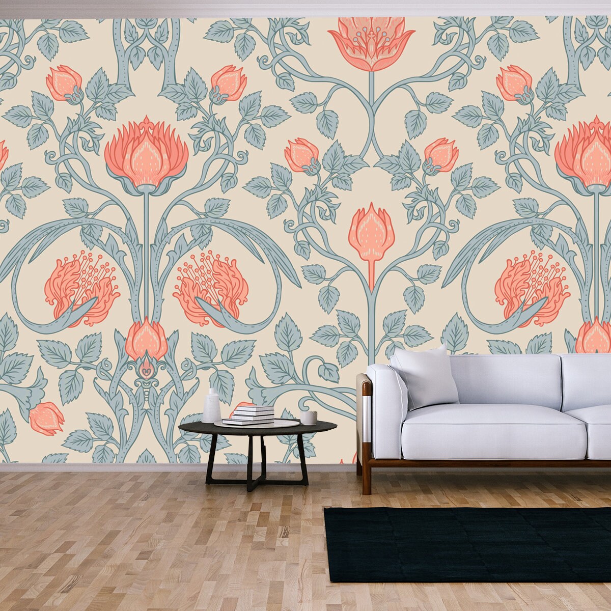 Pink and Blue Retro Vintage Enchanted Floral Wallpaper Living Room Mural