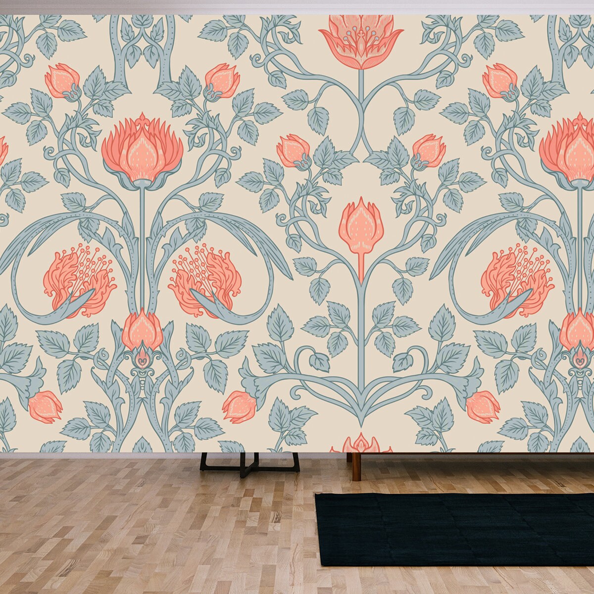 Pink and Blue Retro Vintage Enchanted Floral Wallpaper Living Room Mural