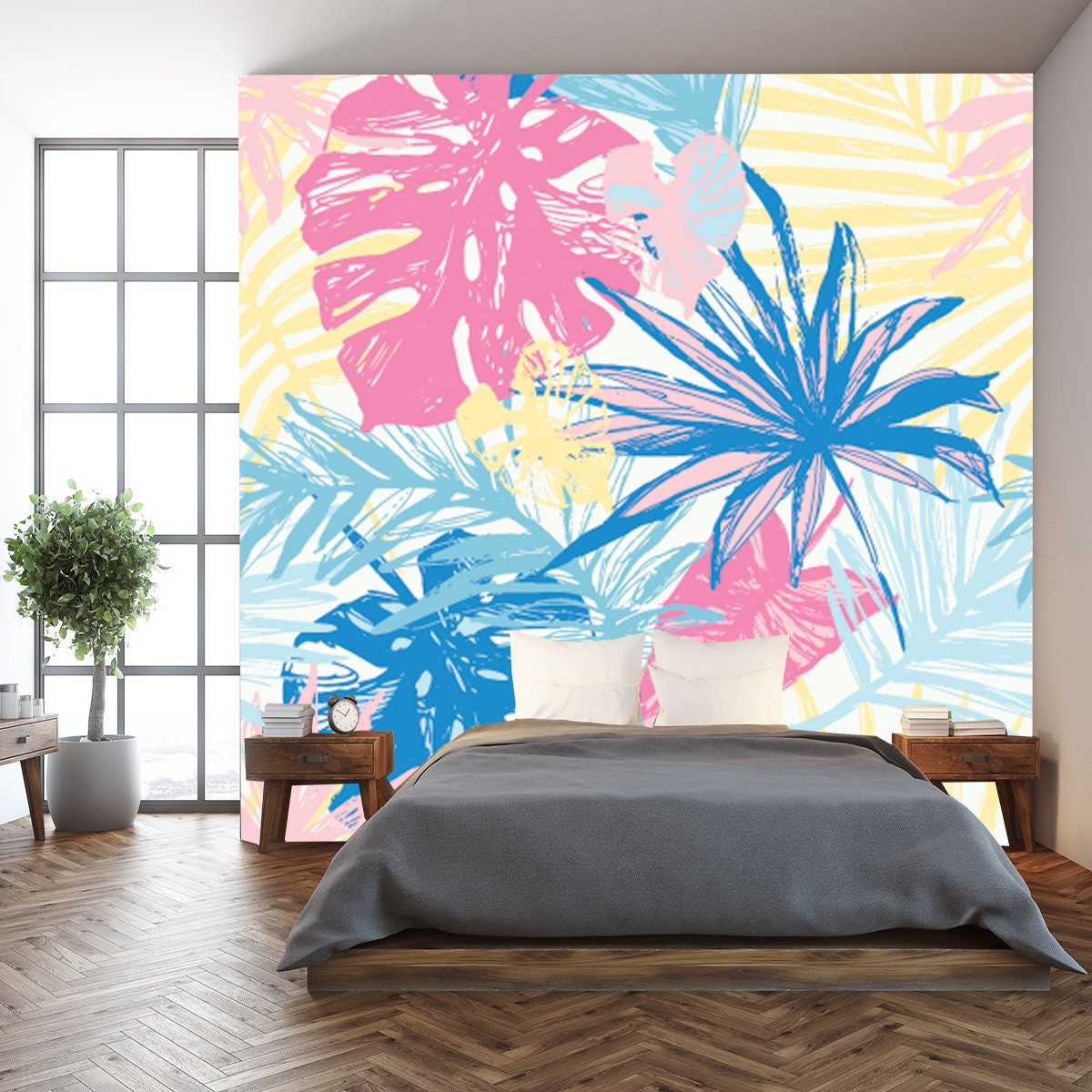 Tropical Leaf Silhouette Elements Background. Palm, Fan Palm, Monstera, Banana Leaf in Grunge Retro Style Wallpaper Bedroom Mural