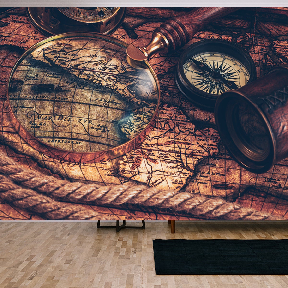 Travel Geography Navigation. Old Vintage Retro Compass with Sundial, Spyglass and Rope on Ancient World Map Wallpaper Living Room Mural
