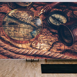 Travel Geography Navigation. Old Vintage Retro Compass with Sundial, Spyglass and Rope on Ancient World Map Wallpaper Living Room Mural