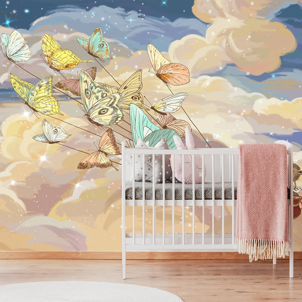 Watercolor Pink Butterflies on White Background Wallpaper Baby Girl Nursery Mural