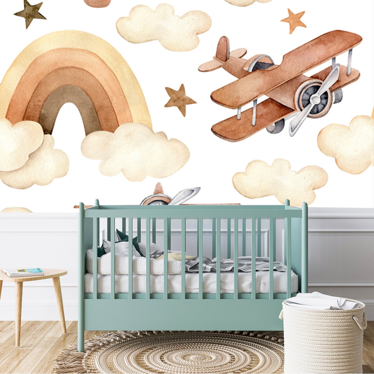 Vintage Watercolor Baby Print of Airplane, Rainbow, Clouds, Stars Wallpaper Nursery Mural